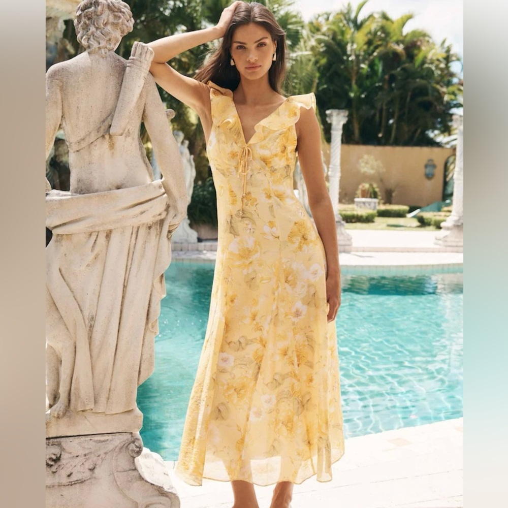 Ever New Lenny Godet Yellow & Cream Midi Dress with Textured Details Sz UK12/US8